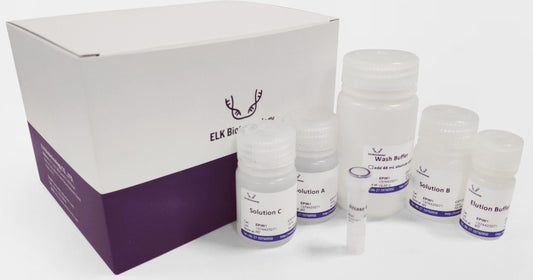 ELK Biotechnology kit components, including a white and purple box, several plastic bottles with white caps, and a small vial, arranged on a white background.